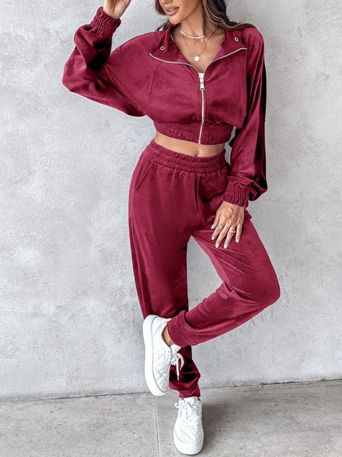 Zip Up Long Sleeve Cropped Top and Joggers Set - Clothes For Her Online Store