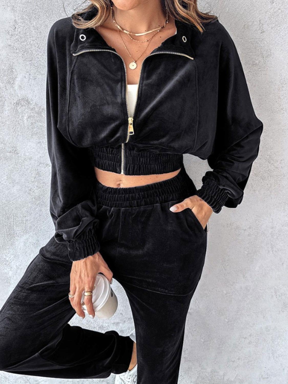 Zip Up Long Sleeve Cropped Top and Joggers Set - Clothes For Her Online Store