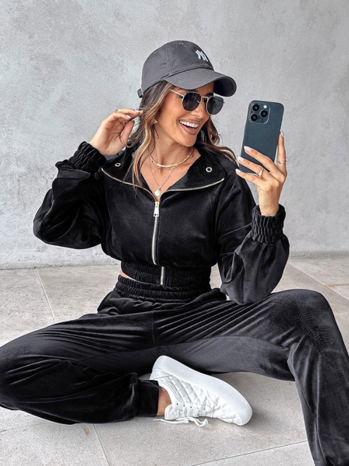 Zip Up Long Sleeve Cropped Top and Joggers Set - Clothes For Her Online Store
