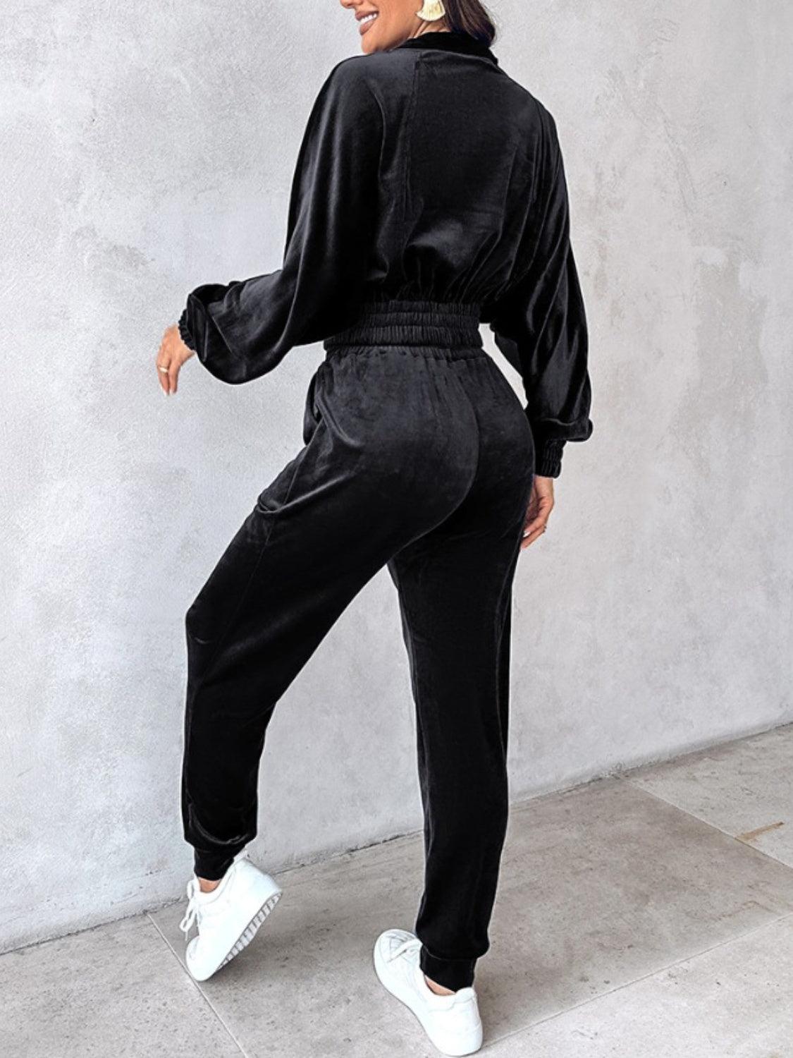 Zip Up Long Sleeve Cropped Top and Joggers Set - Clothes For Her Online Store