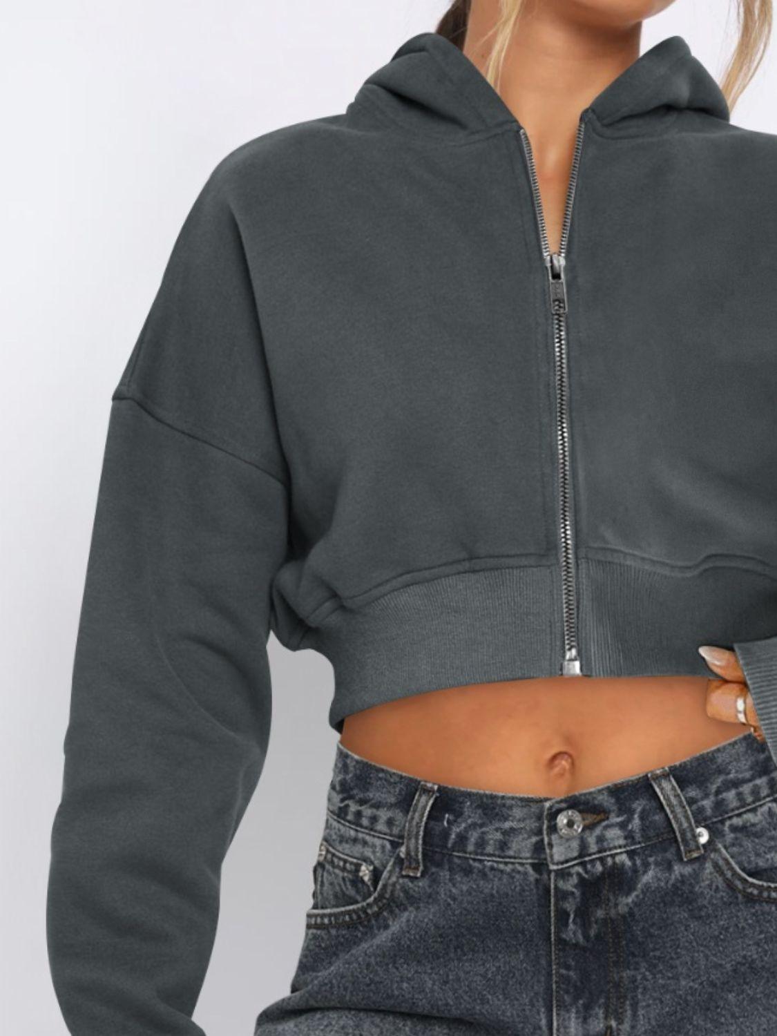 Zip Up Long Sleeve Hooded Cropped Jacket - Clothes For Her Online Store
