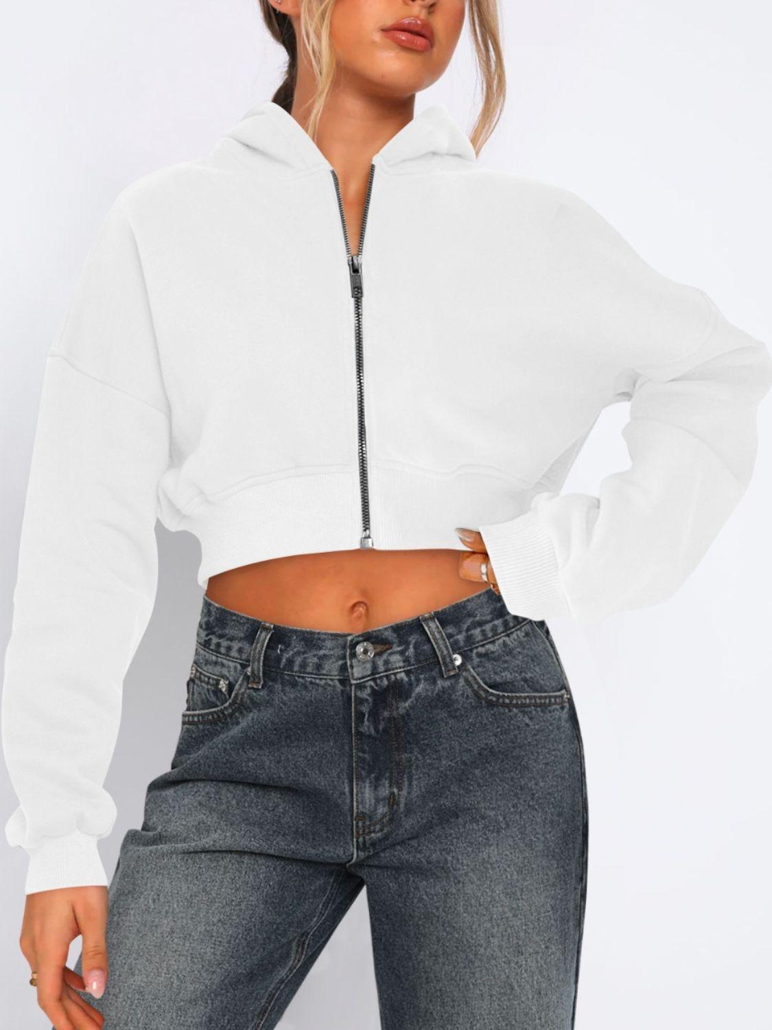 Zip Up Long Sleeve Hooded Cropped Jacket - Clothes For Her Online Store