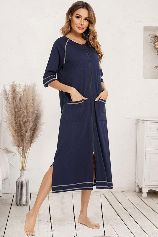 Zip Up Slit Round Neck Night Dress with Pockets - Clothes For Her Online Store