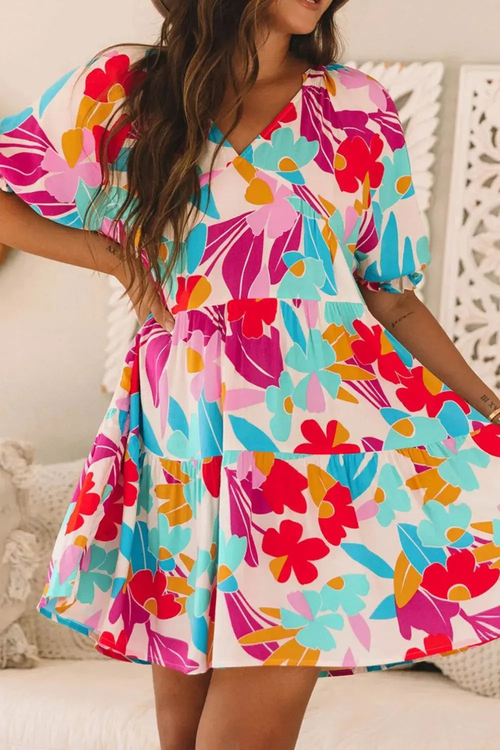 Floral Bubble Sleeve V Neck Tiered Ruffle Babydoll Dress - Clothes For Her Online Store