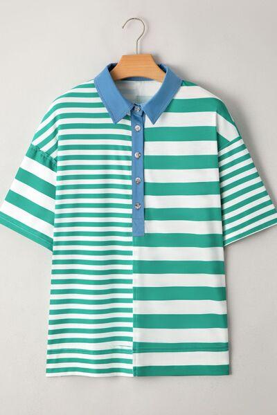 Stripe Colorblock Collar Half Button Shirt