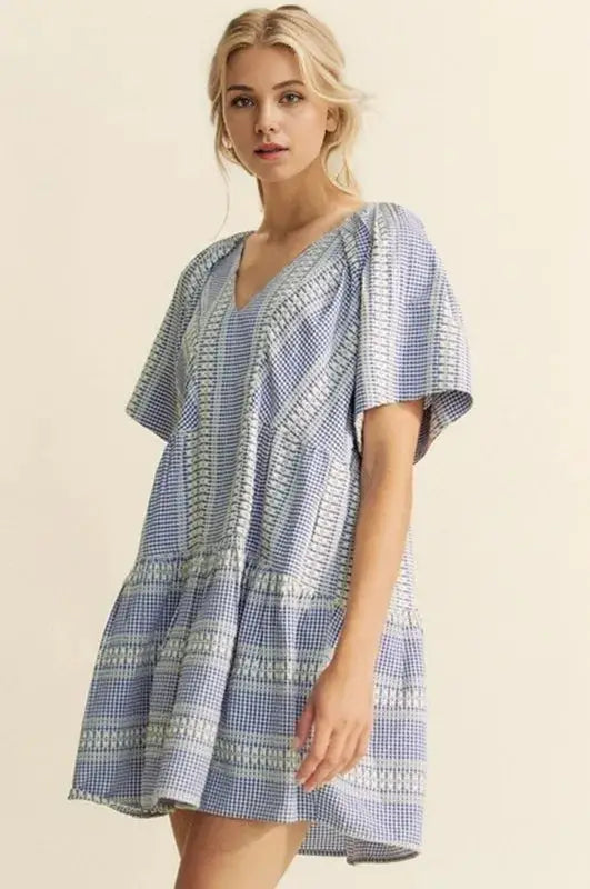 Davi & Dani Embroidered Stripe Ruffled Gingham Mini Dress - Clothes For Her Online Store