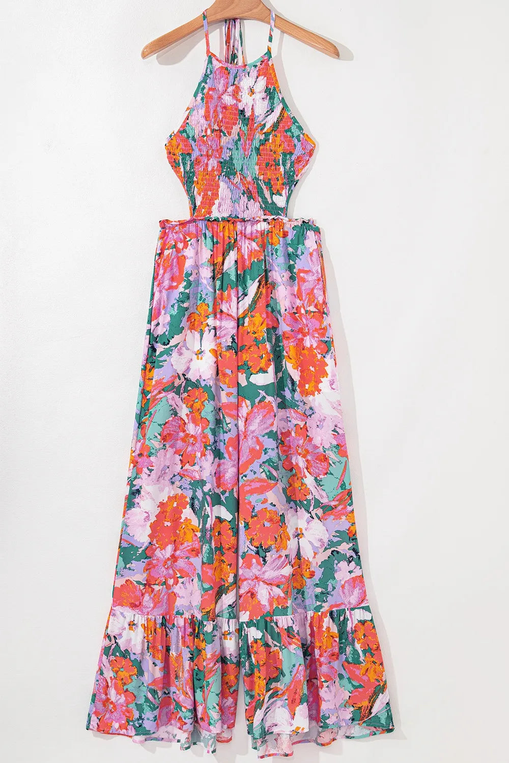 Multicolour Floral Print Smocked Halter Neck Sleeveless Wide Leg Jumpsuit