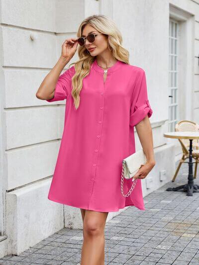 Notched Long Sleeve Mini Shirt Dress