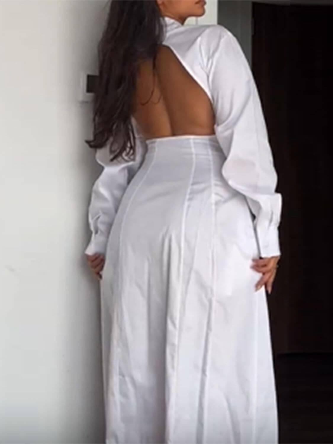 Devine Backless Long Sleeve Midi Shirt Dress