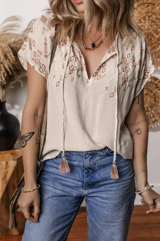 Geometric Embroidered Short Sleeve Tassel Tie Neck Blouse