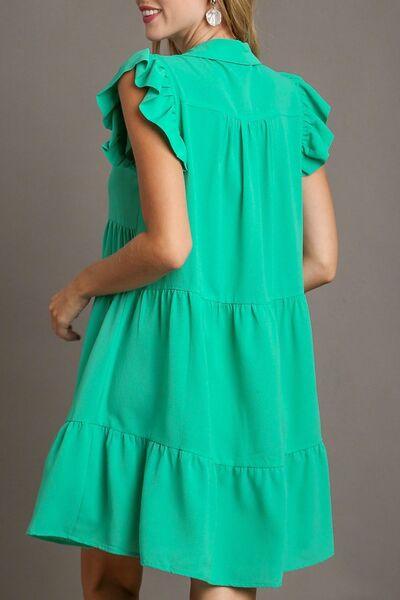 Umgee Full Size Johnny Collar Ruffle Cap Sleeve Tiered Dress Plus Size