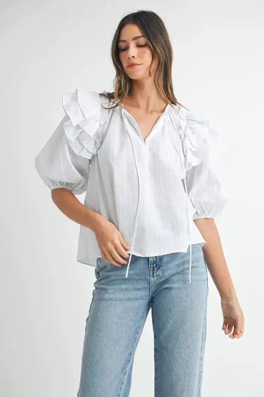 MABLE Stripe Ruffle Shoulder Puff Sleeve Blouse - Clothes For Her Online Store