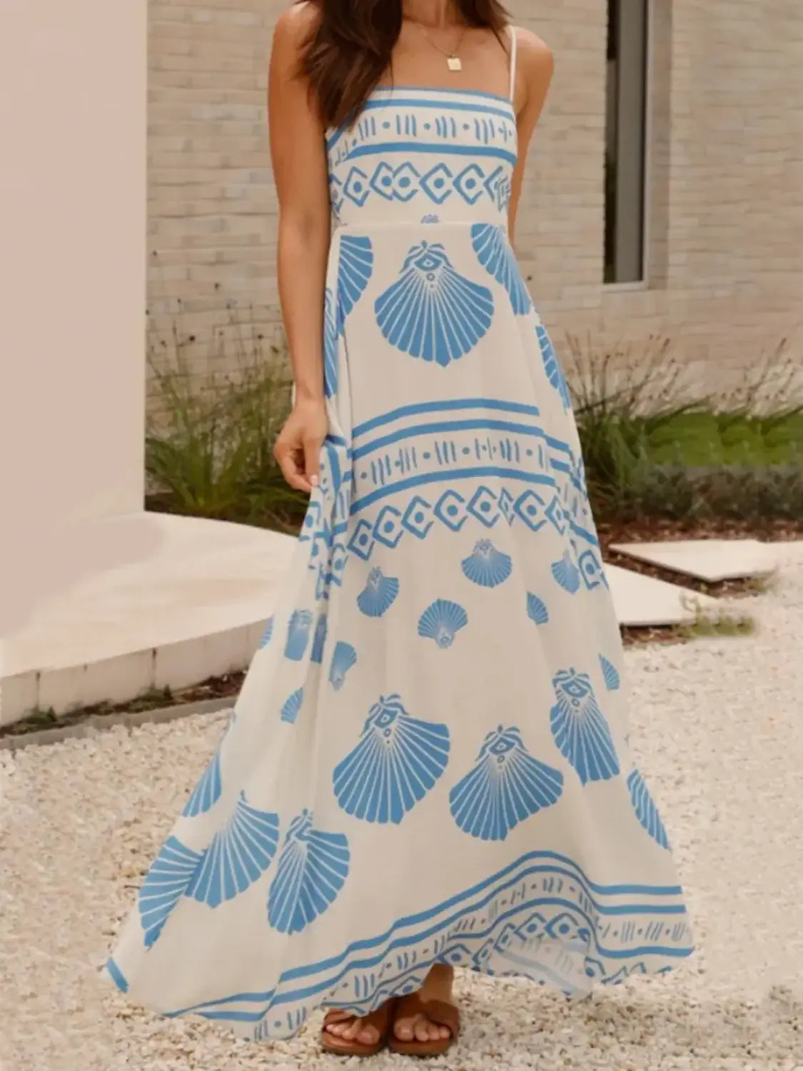 Seashell Print Spaghetti Strap Maxi Dress