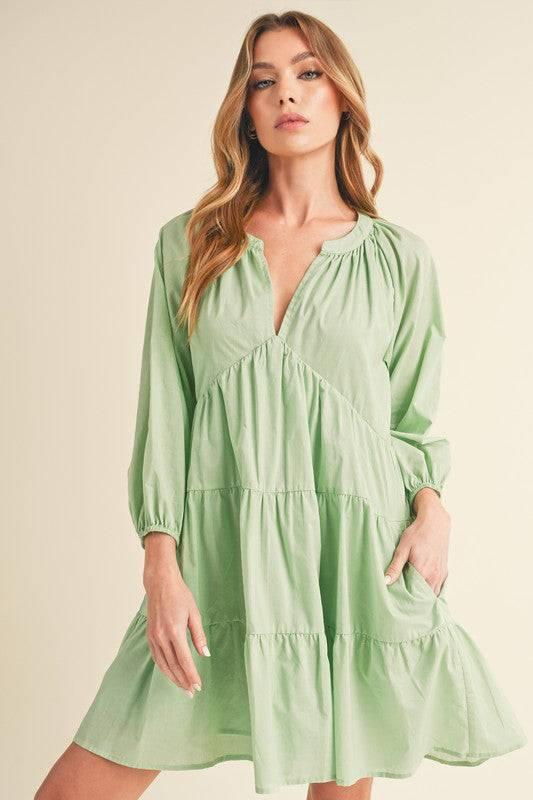 Aemi + Co Notched Balloon Sleeve Tiered Mini Dress