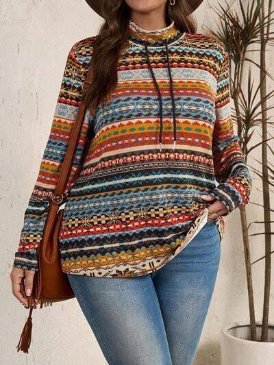 Plus Size Drawstring Printed Mock Neck Long Sleeve Top - Clothes For Her Online Store
