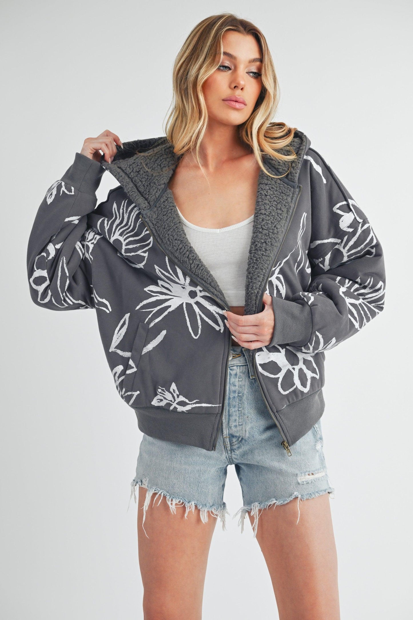 Aemi + Co Flower Print Zip Up Sherpa Hoodie