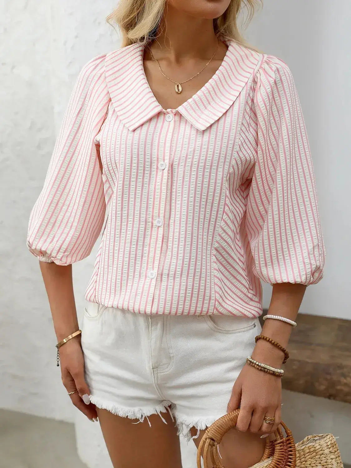 Striped Button Down 3/4 Sleeve Shirt - Clothes For Her Online Store
