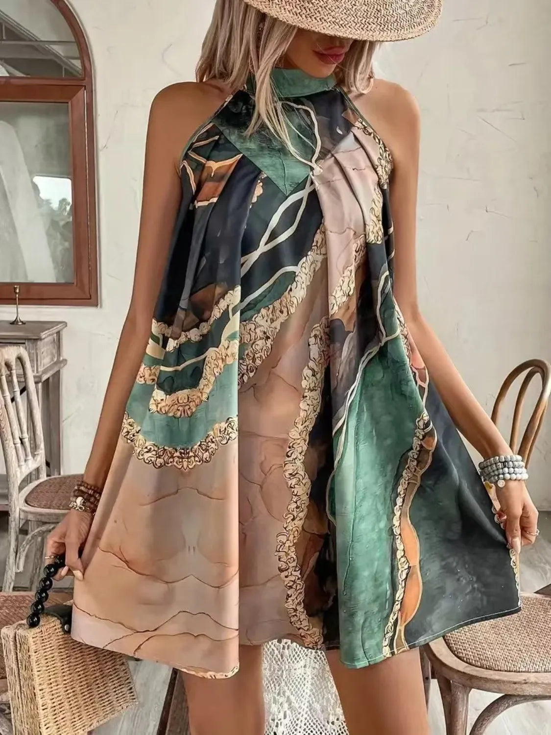 Tied Back Printed Sleeveless Dress