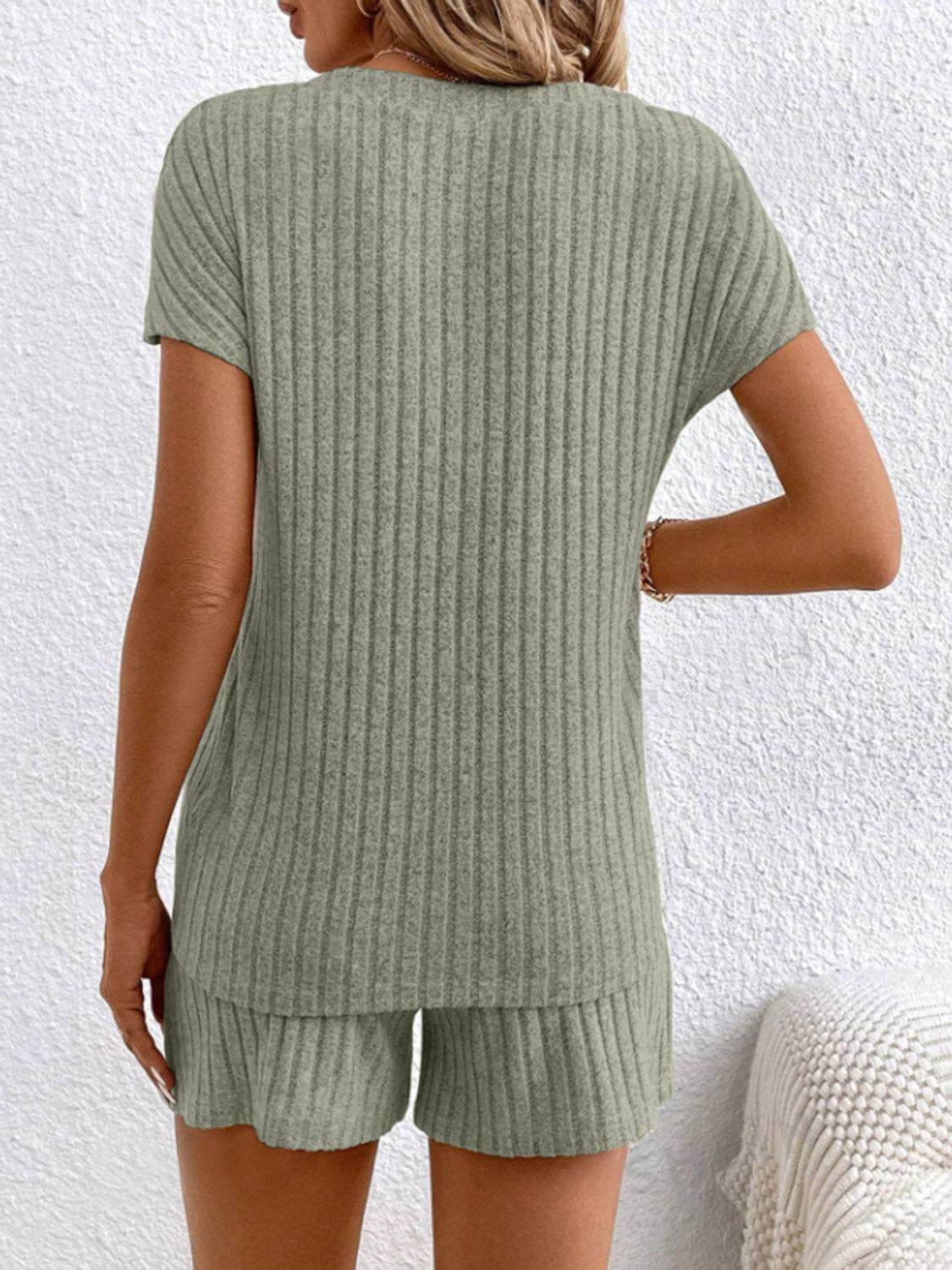 Ribbed V-Neck Top and Shorts Set - Clothes For Her Online Store