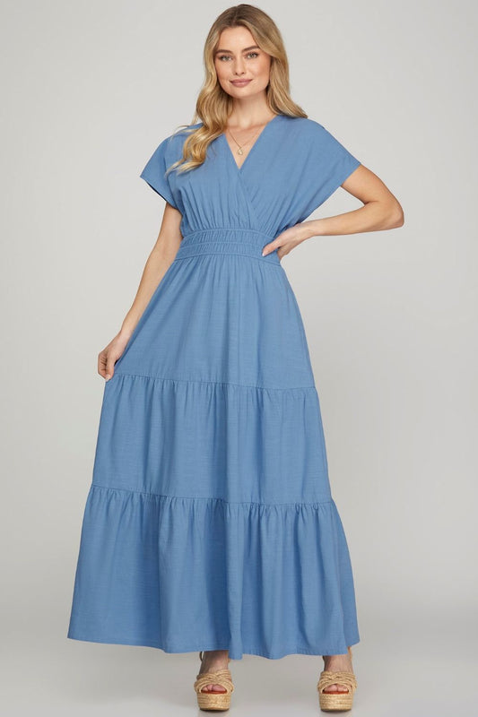 She + Sky Surplice Short Sleeve Tiered Maxi Dress With Pockets - Clothes For Her Online Store