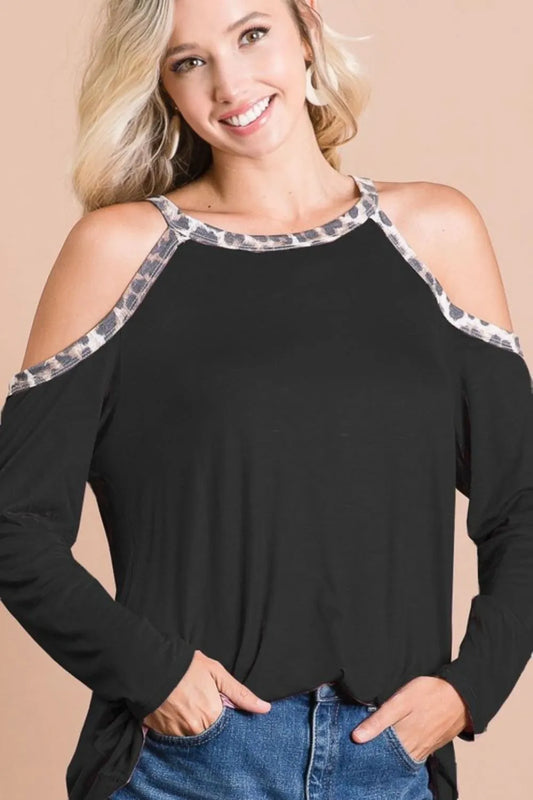 BiBi Jersey Knit Cold Shoulder Top with Leopard Neck