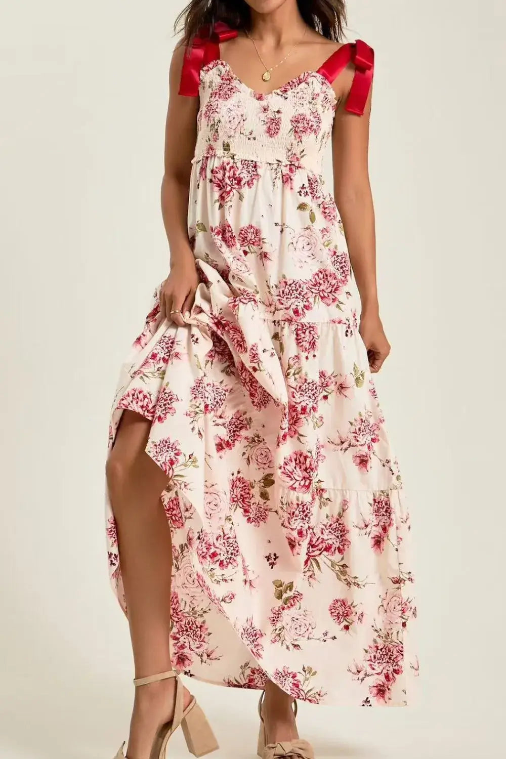 Floral Tiered Maxi Dress with Mixed Print Design