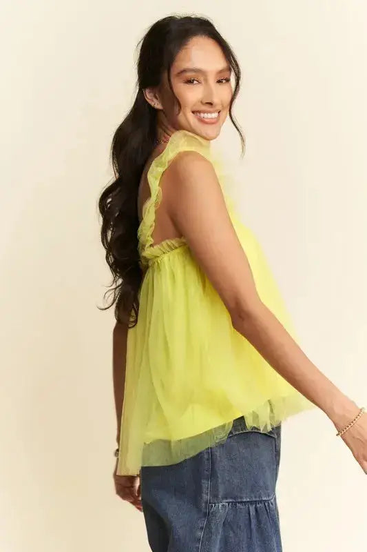 Davi & Dani Shirred Ruffle Strap Tulle Babydoll Top - Clothes For Her Online Store