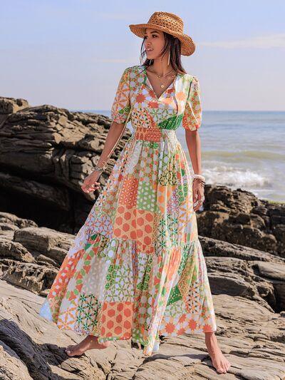 Printed Smocked Waist Short Sleeve Maxi Dress