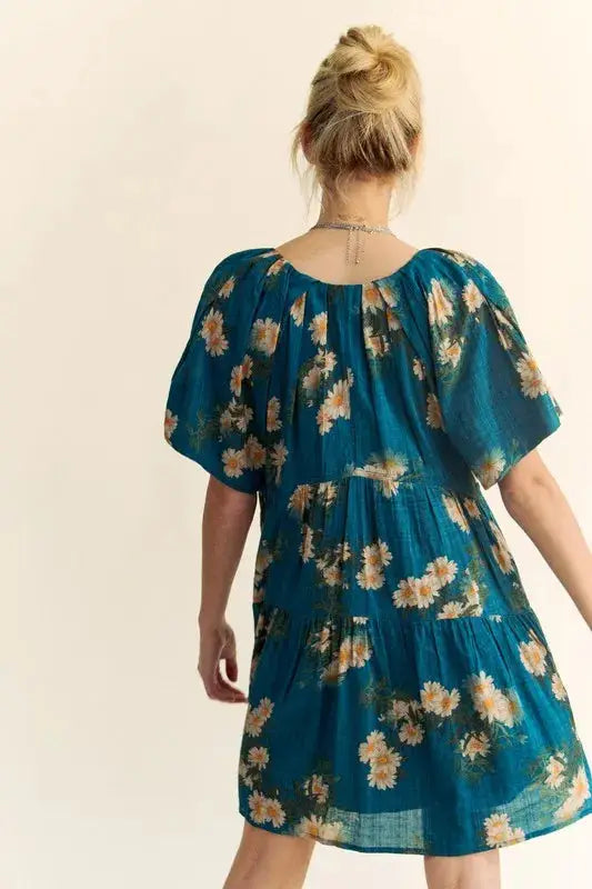 Davi & Dani Floral Print Short Bell Sleeve Pleated Mini Dress - Clothes For Her Online Store