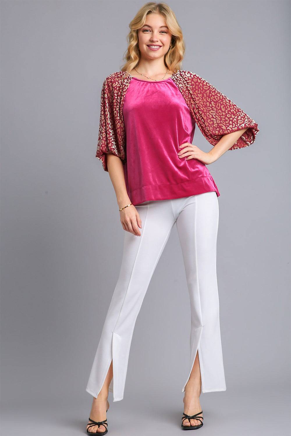 Umgee Round Neck Leopard Balloon Sleeve Velvet Top - Clothes For Her Online Store