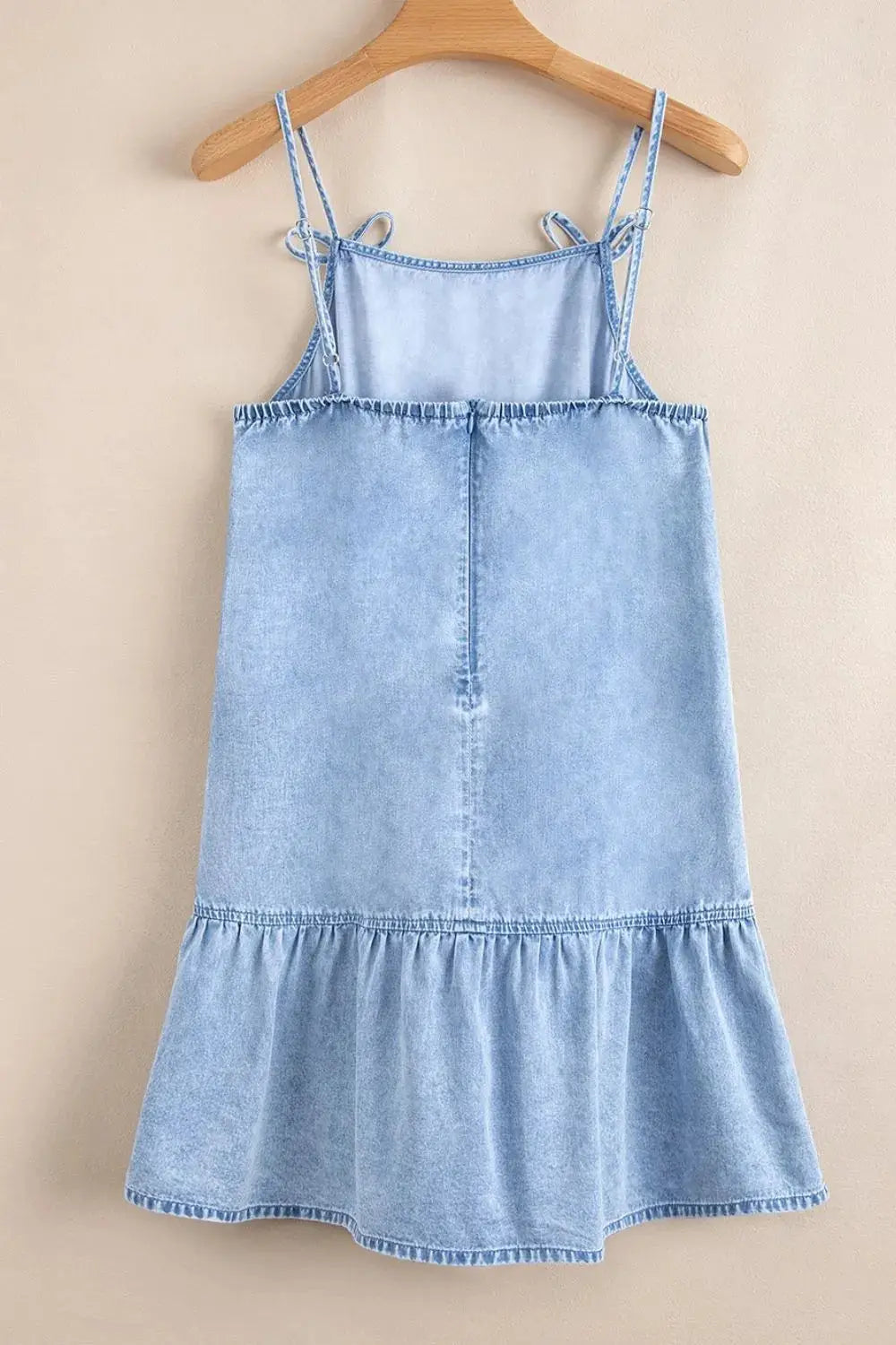 Bow Detail Spaghetti Straps Ruffle Hem Denim Dress - Clothes For Her Online Store
