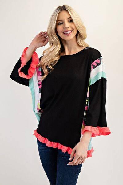 Celeste Full Size Ruffle Sleeve Color Block Top Plus Size