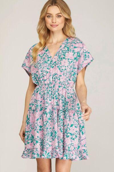 She + Sky Full Size Ruffled Hem Printed Surplice Kimono Sleeve Mini Dress Plus Size - Clothes For Her Online Store