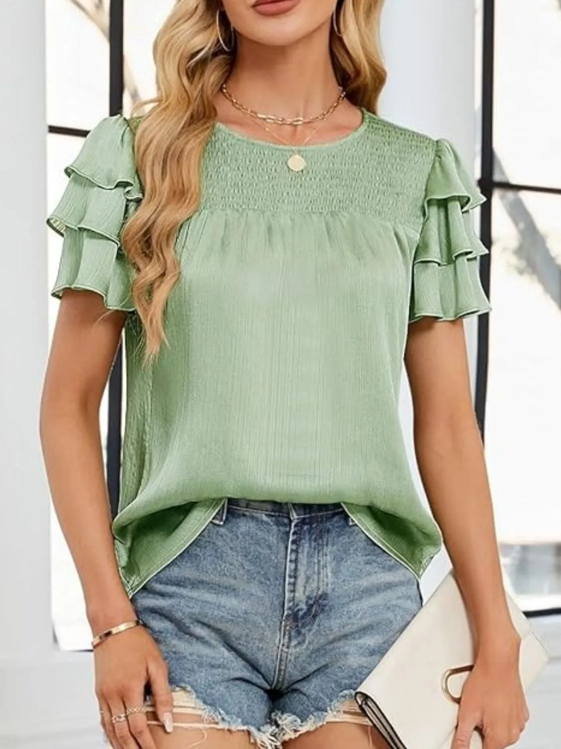 Smocked Round Neck Ruffled Layered Sleeve Blouse