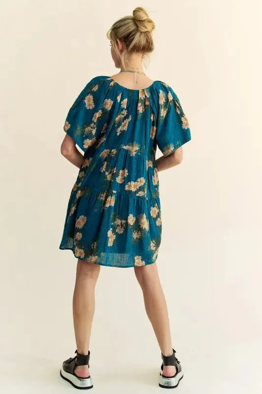 Davi & Dani Floral Print Short Bell Sleeve Pleated Mini Dress - Clothes For Her Online Store