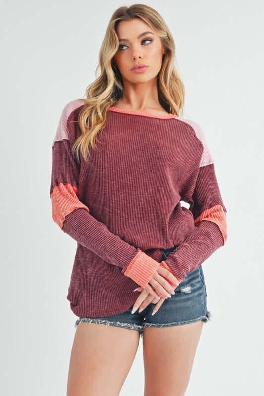 Aemi + Co Raw Seam Color Block Round Neck Knit Top