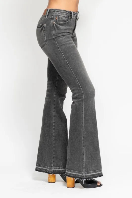 Judy Blue Full Size Midi Rise Tummy Control Washed Gray Release Hem Flare Jeans Plus Size