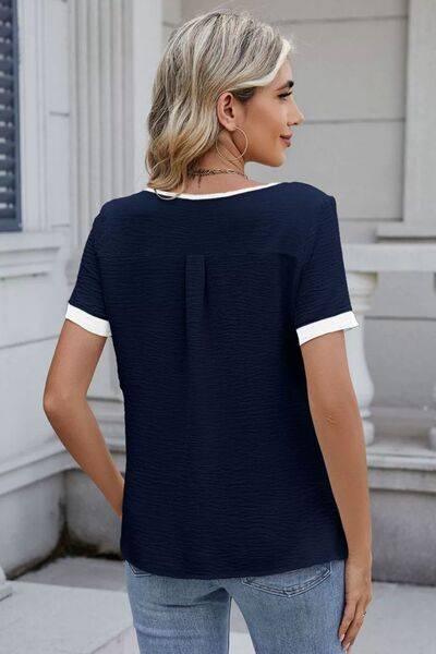 Cutout Round Neck Short Sleeve Blouse