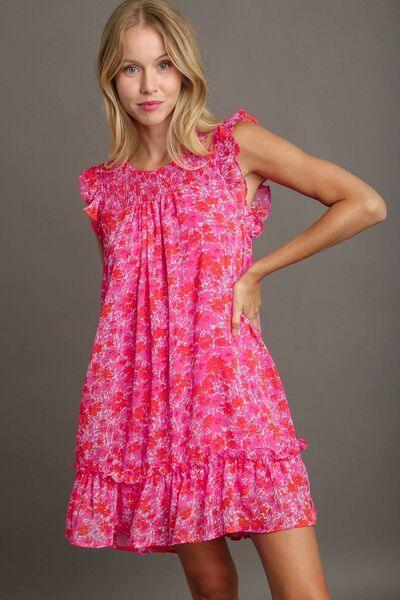 Umgee Full Size Smocked Detail Floral Metallic Ruffle Cap Sleeve Dress Plus Size