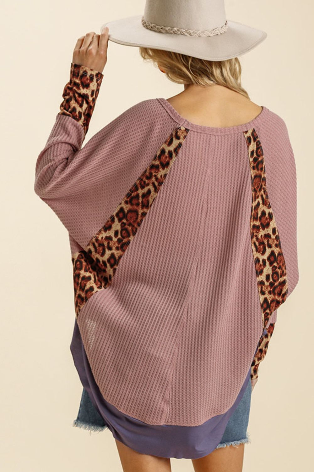 Umgee Full Size Leopard High-Low Dolman Sleeve Waffle Knit Top Plus Size - Clothes For Her Online Store
