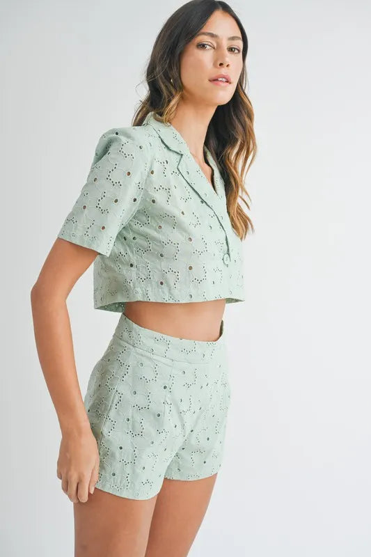 MABLE Eyelet Short Sleeve Crop Top and Shorts Set - Clothes For Her Online Store