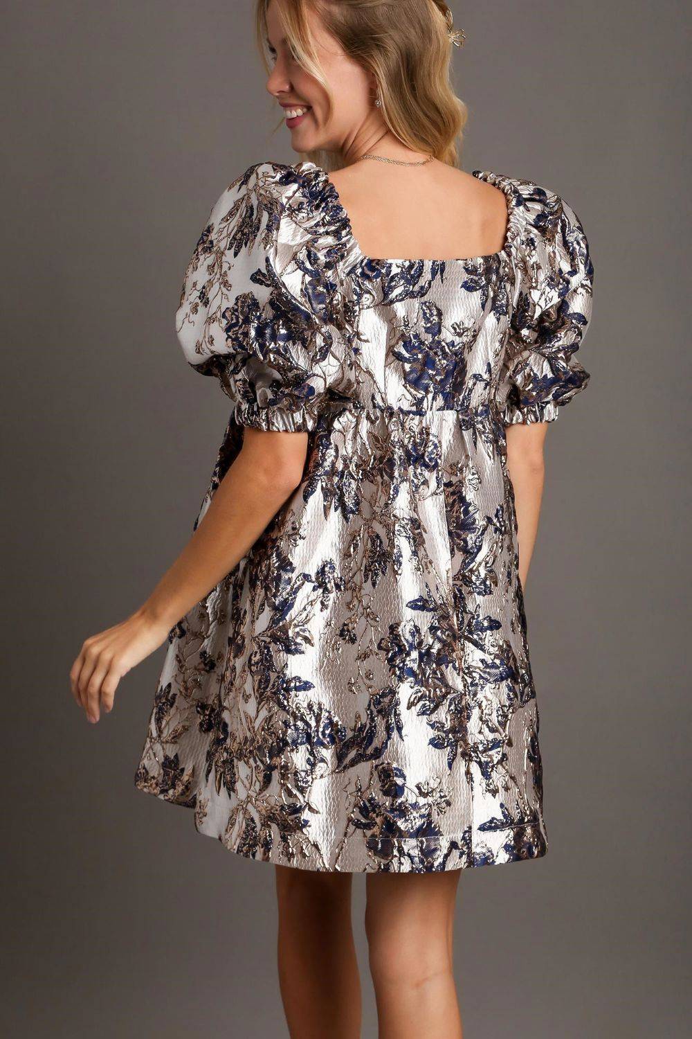 Umgee Metallic Jacquard Puff Sleeve Dress - Clothes For Her Online Store