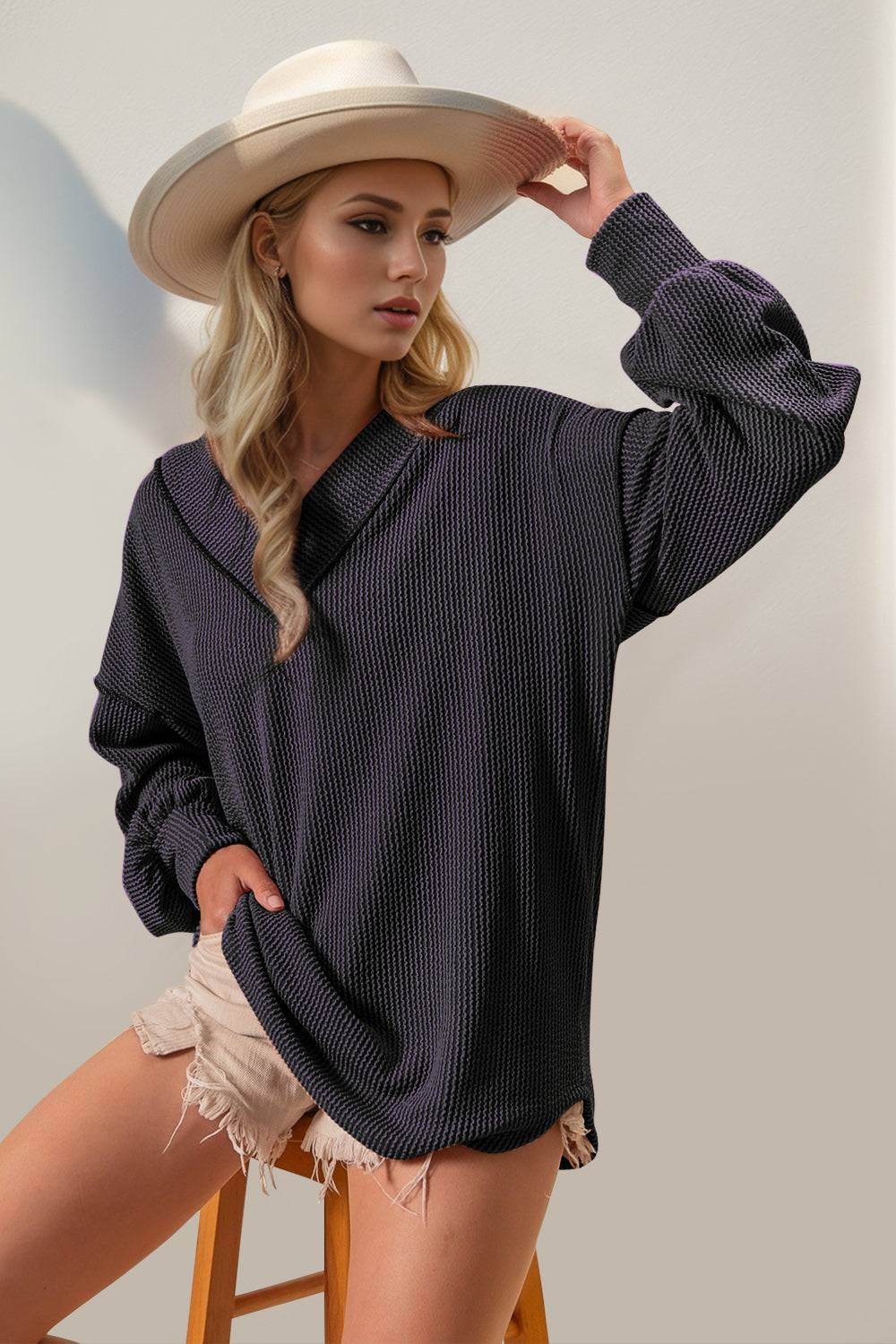 Double Take Exposed Seam Ribbed Textured V-Neck Long Sleeve T-Shirt - Clothes For Her Online Store
