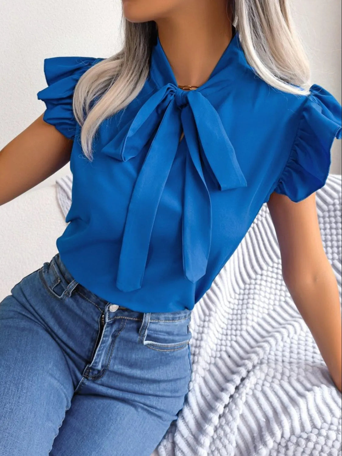 Ruffle Cap Sleeve Bow Tie Blouse