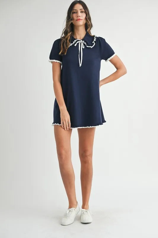 MABLE Ruffle Trimmed Collar Fine Knit Mini Dress