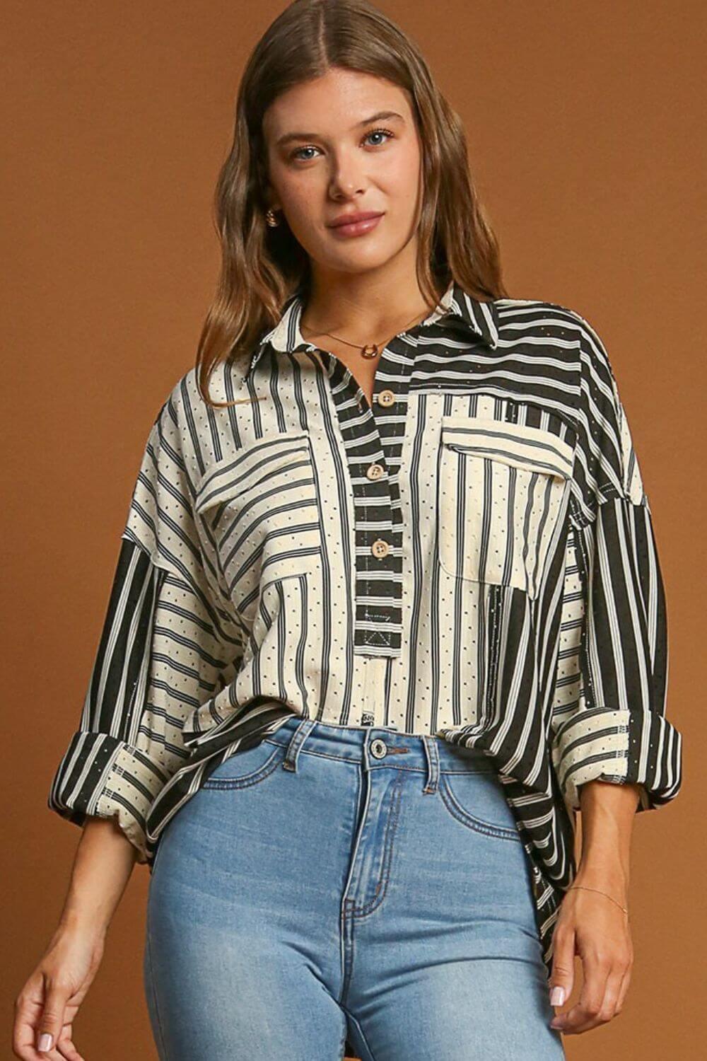 Umgee Full Size Pointelle Stripped Half Button Collared Neck Top Plus Size