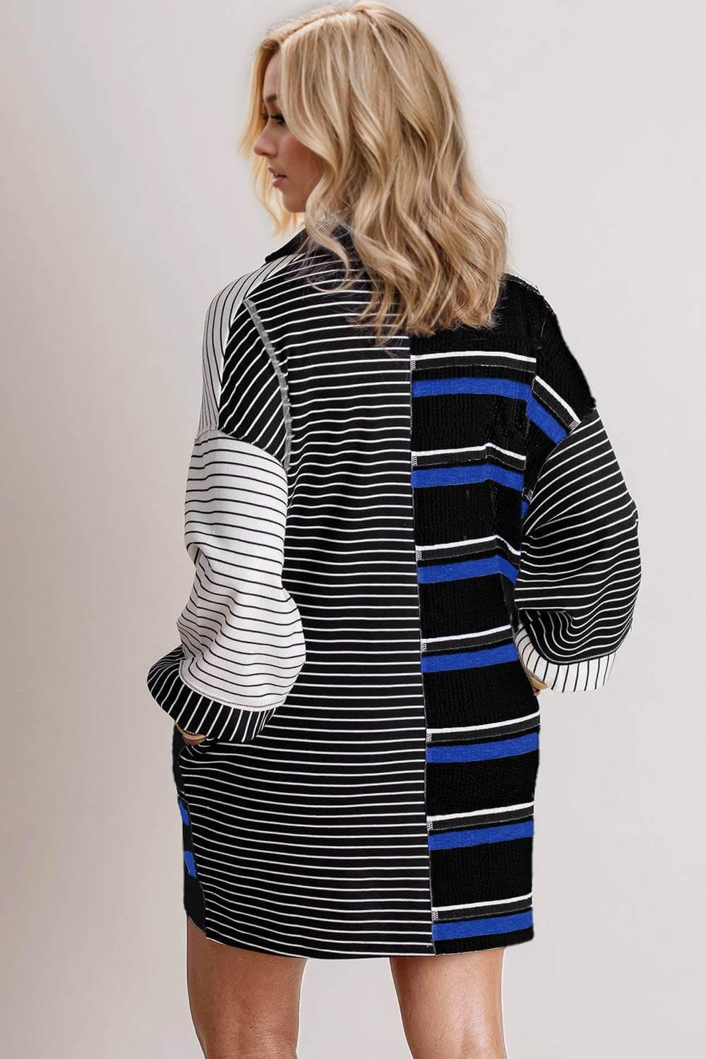 Oh Full Size Striped Half Button Long Sleeve Mini Dress - Clothes For Her Online Store