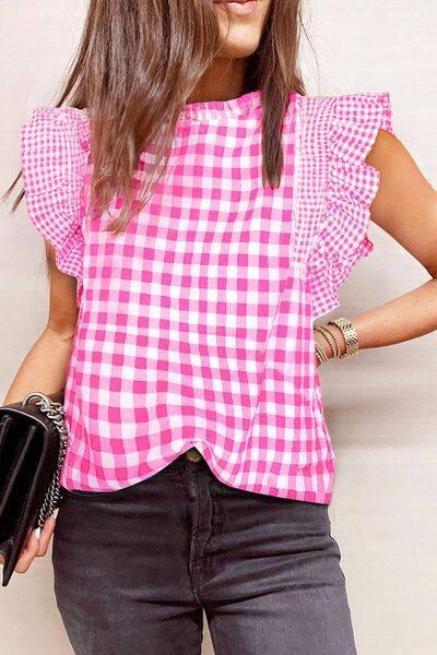 Checkered Ruffled Sleeve Frilled Neck Blouse