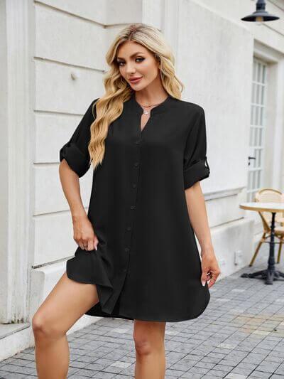 Notched Long Sleeve Mini Shirt Dress