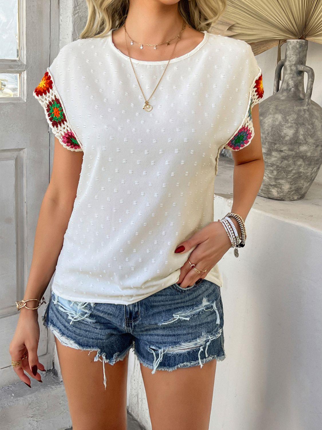 Devine Swiss Dot Round Neck Crochet Short Sleeve Top - Clothes For Her Online Store